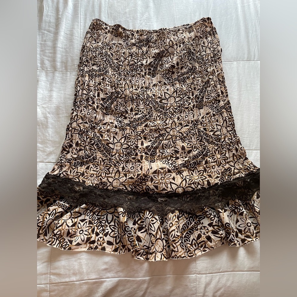 Vintage‎ 90s Brown Green Crinkle Pull On Slip Skirt 12 Goblincore Forest Fairy